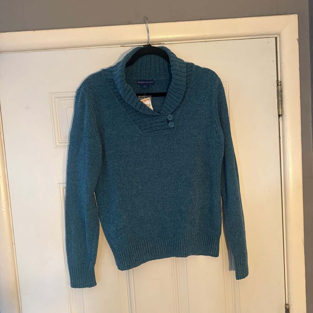Karen Scott Women's Marled Teal Shawl Collar Pullover Sweater with Button Detail